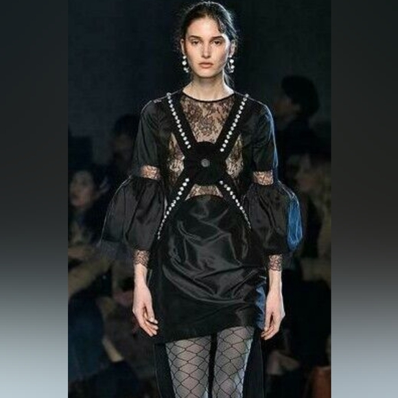 PREEN BY THORNTON BREGAZZI ARYA MINI DRESS BLACK LACE WITH BELL SLEEVES SZ. L - Picture 2 of 9